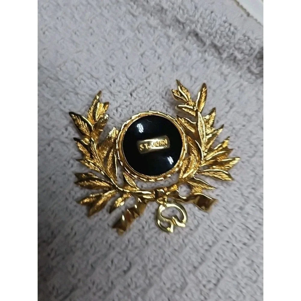 Rare Vintage ST. JOHN Maltese Gold Plated Black Enamel Dangle Logo Pin Brooch